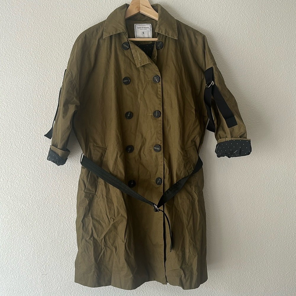 Host Pick belle & bloom Olive Green Trench Coat with Black Accents NWOT